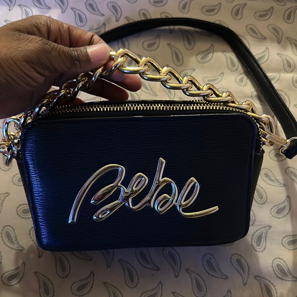Bebe Black and Gold Crossbody Bag with Chain Strap